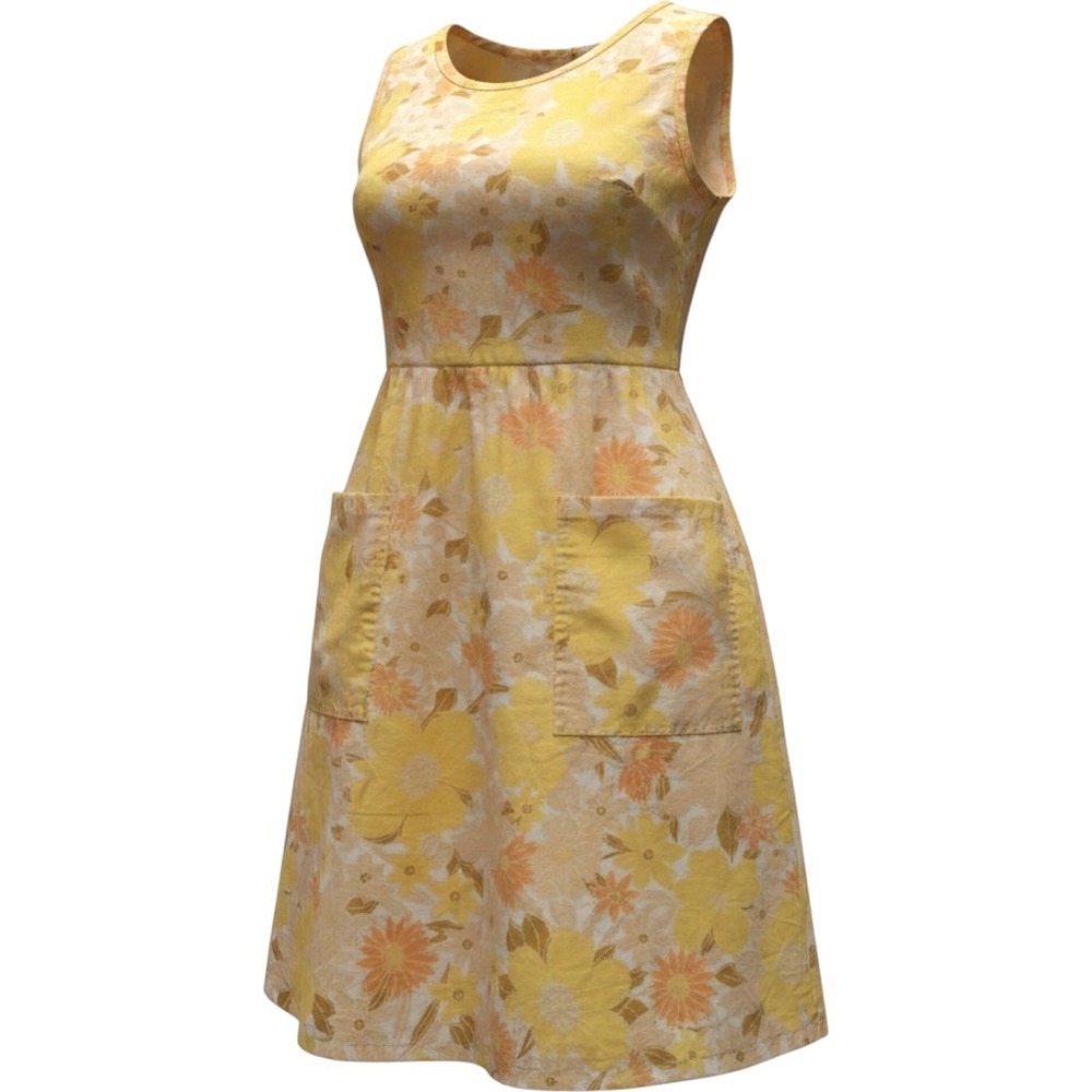 Vintage 70s Floral Sun Dress Yellow Orange Sleeveless A-Line Pocket Mini Dress
